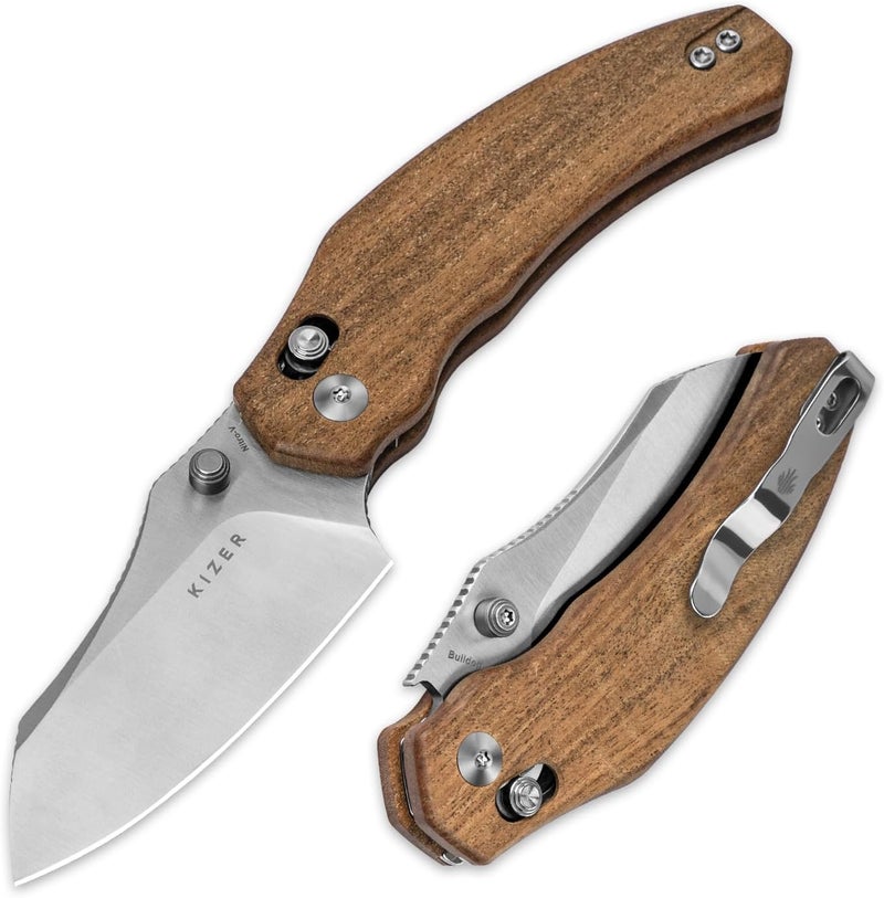 KIZER Bulldog Pocket Knife, 3 In Nitro V Blade Folding Knife Mkuruti Wood Handle Camping Hunting Knife with Reversible Clip, Clutch Lock Small EDC Knives for Men Women V3672A2 - Image 1